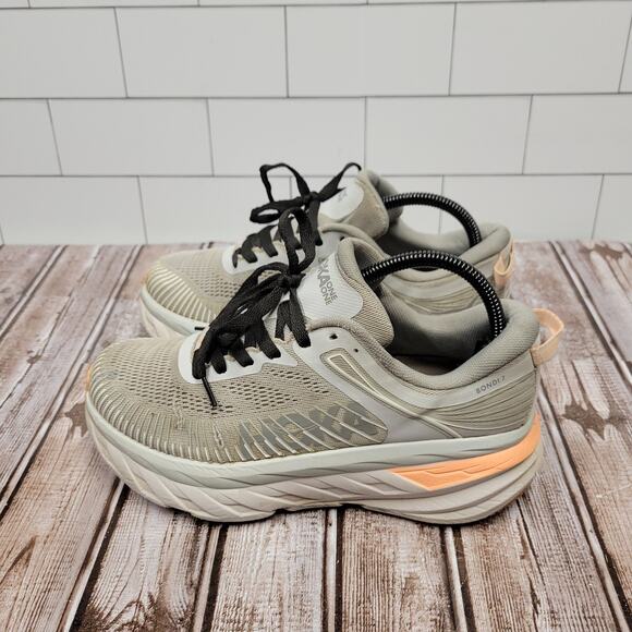 Hoka One One Shoes - Hoka One One Bondi 7 Wide Running Shoes Gray Peach Women's Size 8D